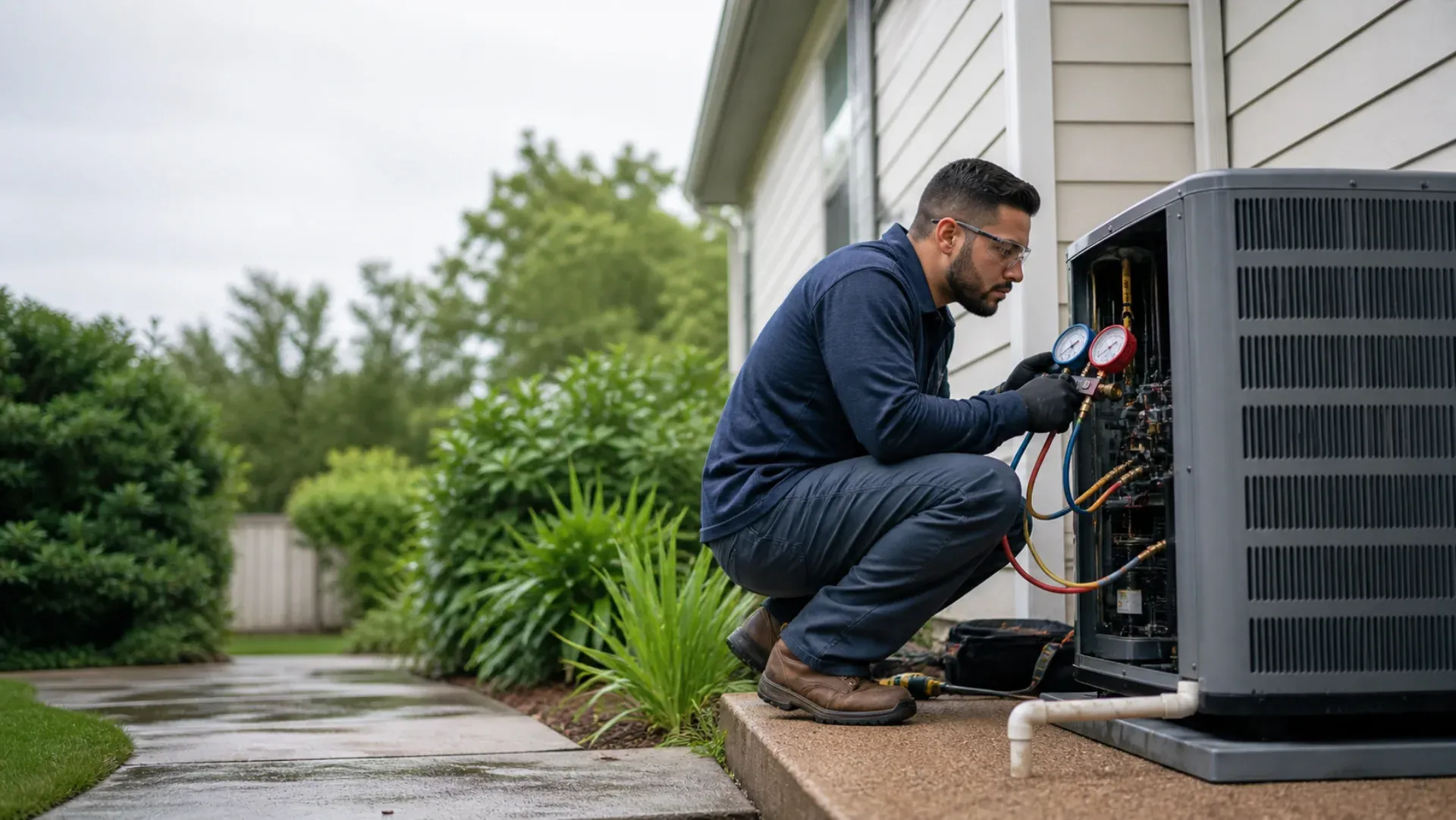 Illustration of an HVAC professional using gauges while inspecting a Houston-area outdoor AC unit